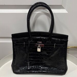 Sophisticated Black Patent Crocodile-Embossed Satchel